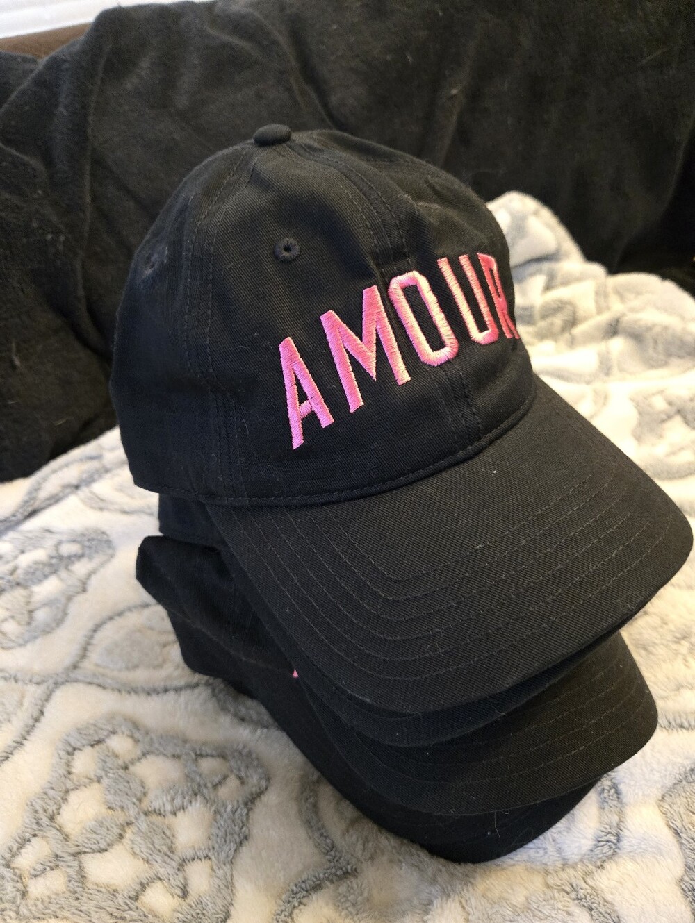 Womens Aris Black Baseball Cap with Pink AMOUR Embroidery